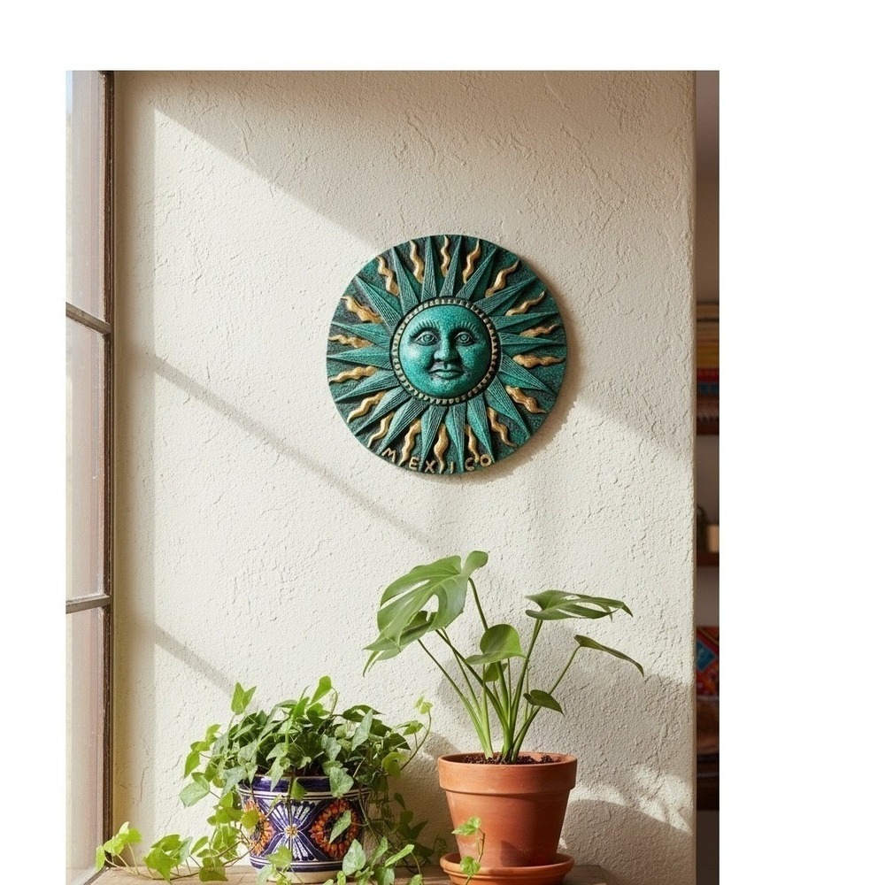 Vintage MCM Aztec Sun Stone Wall‎ Plaque Faux Malachite Zarebski Style 11"